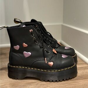 Dr. Martens Black Platform Boots with Pink and Rose-Gold Hearts